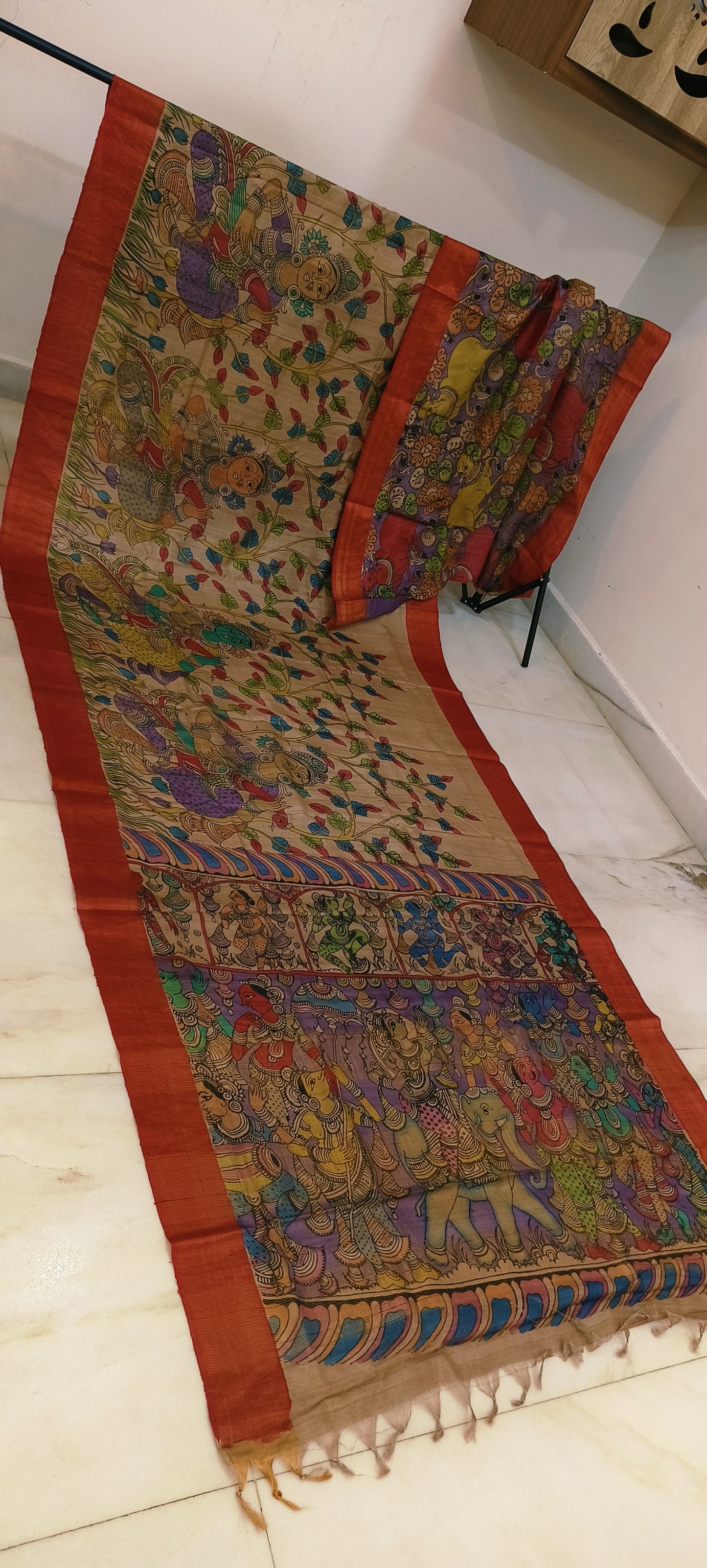 Pen kalamkari on tussar silk
pure desi tussar silk hand painted saree