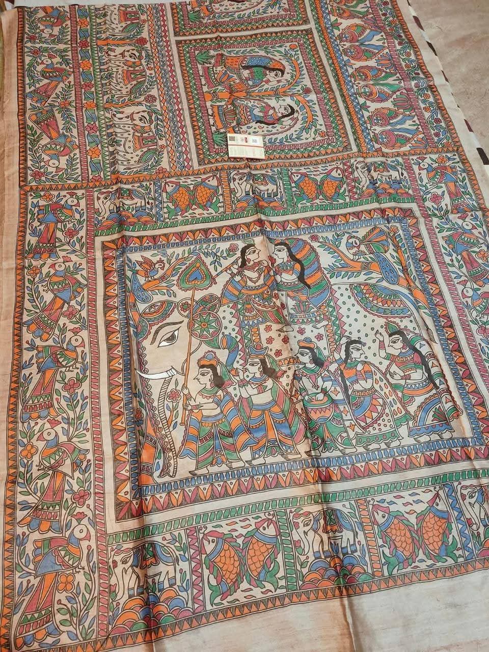 Fabric..Tussar by Ghicha with Beautiful All over Madhubani Hand paintingsilk sarees..
Premium quality and Fast delivery
Length 6.50 meter..Quality will be pure Handloom silk sarees..
