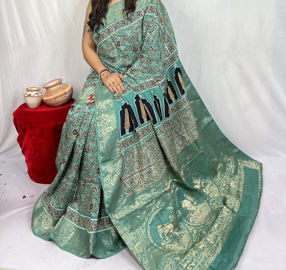 Doruvi | Ajrakh Saree on Dola Silk
