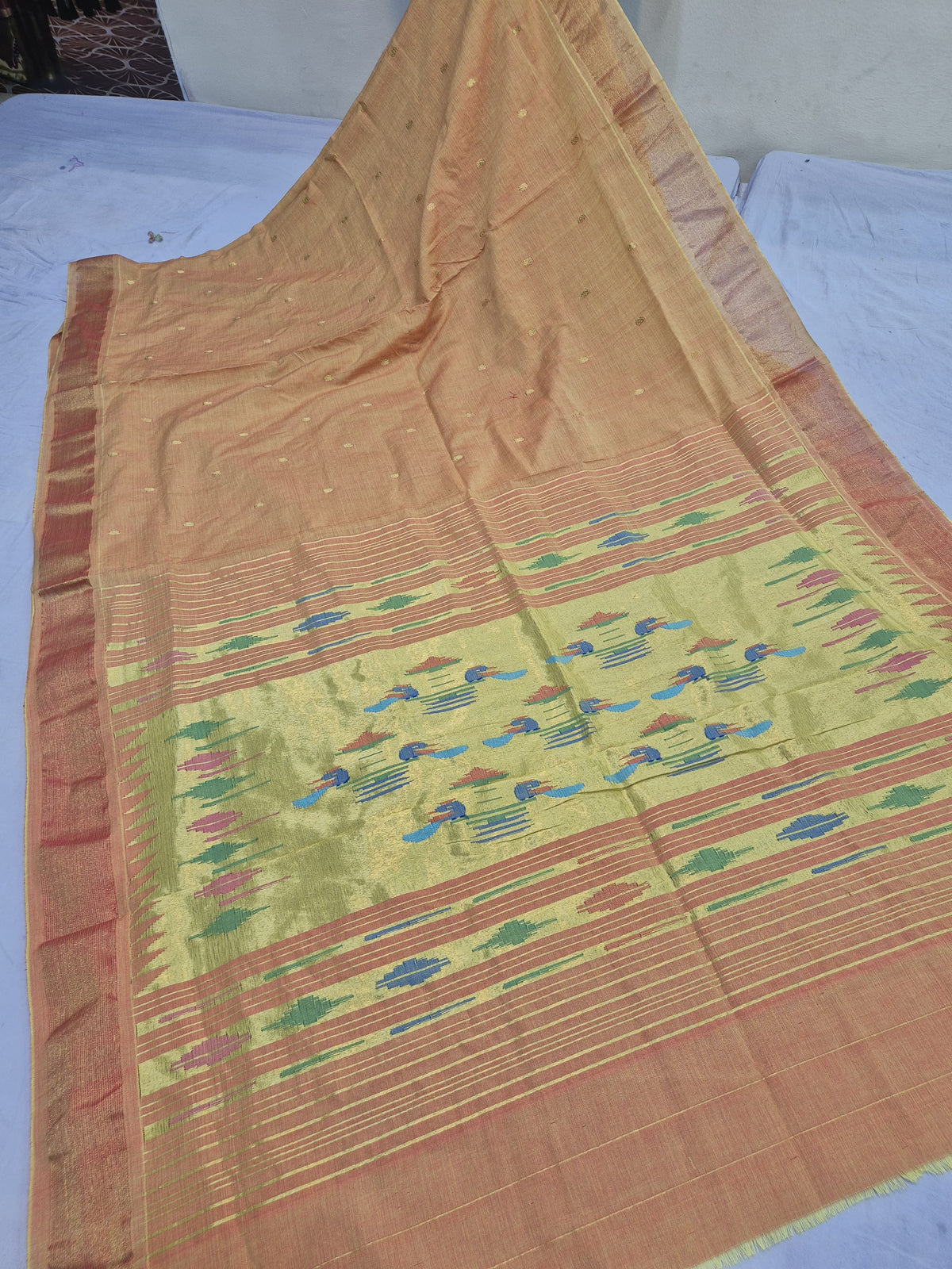 Classic Pure Cotton handloom paithani saree with 7 peacock pairs on pallav