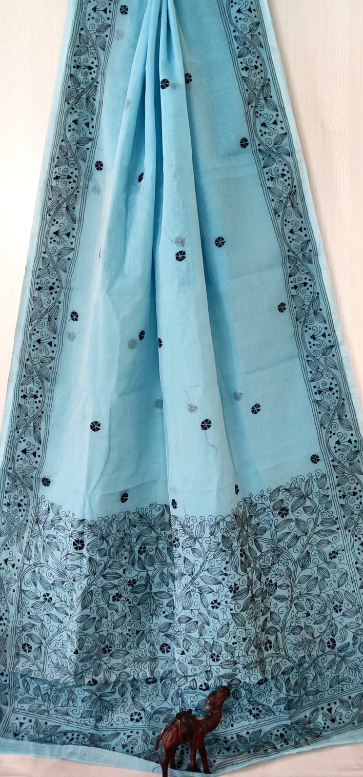 Hand Kantha on cotton pure cotton without blouse piece