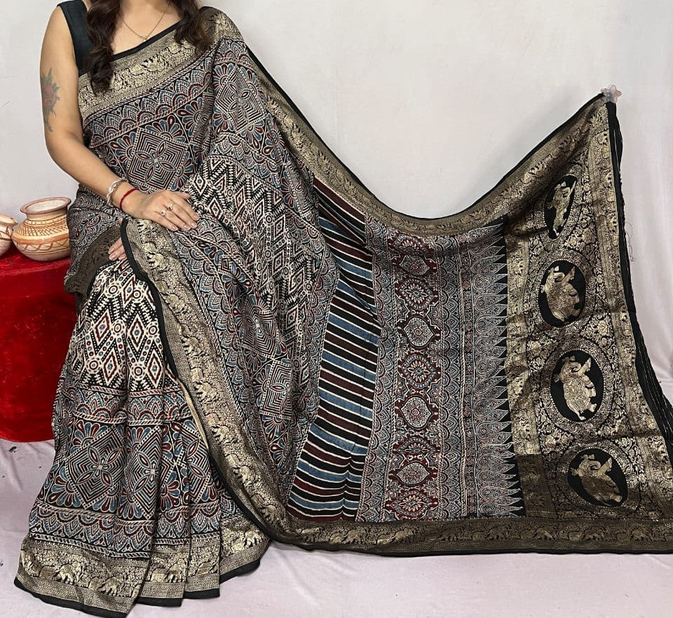 Doshana | Ajrakh Saree on Dola Silk