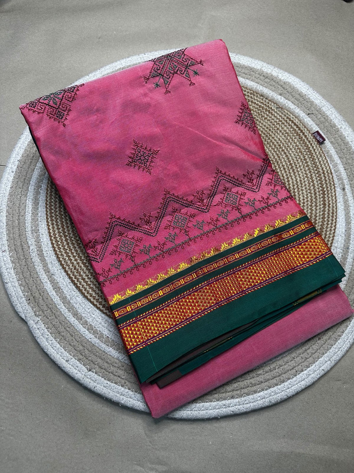 Material - shiny Maserised blended blended silk
Border - chikki paras
Saree Name -ilkal special kasuti saree
Pallu -patti pallu
Blouse -running
Handloom -no
Saree length- 6.2
