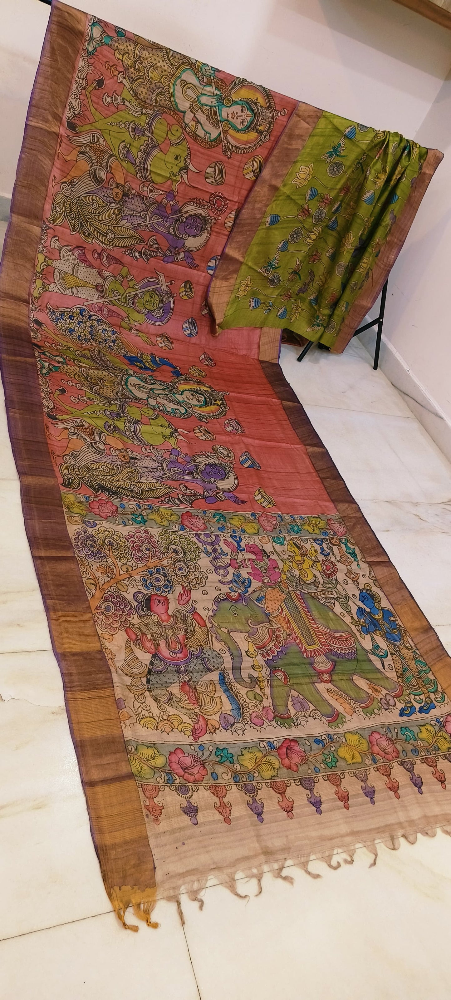 Pen kalamkari on tussar silk
pure desi tussar silk hand painted saree