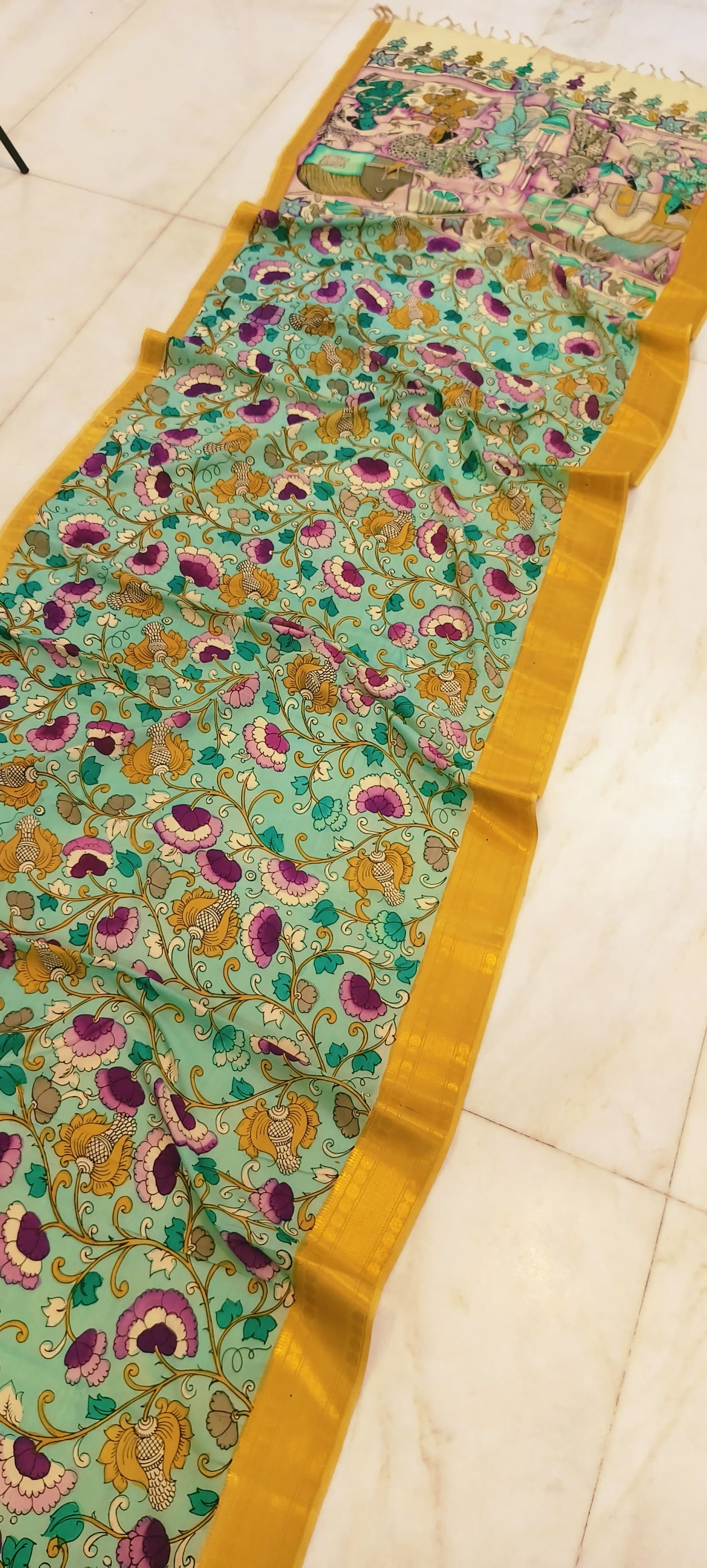 *Mangagiri silk sarees*
*Pen kalamkari sarees*
*Hand drawn hand painted sarees*
🌺🌺🌺🌺🌺🌺🌺
*Length 6.5 mtr*
*Width 44 inch*