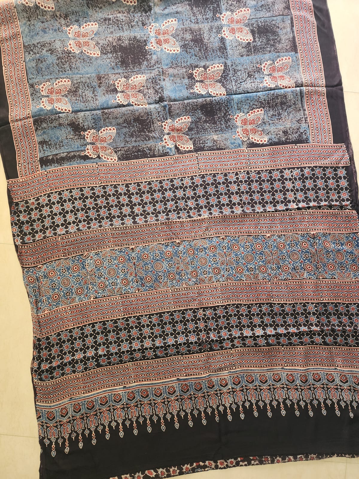 Modal sadi
Ajrakh hand block print Saree Available....