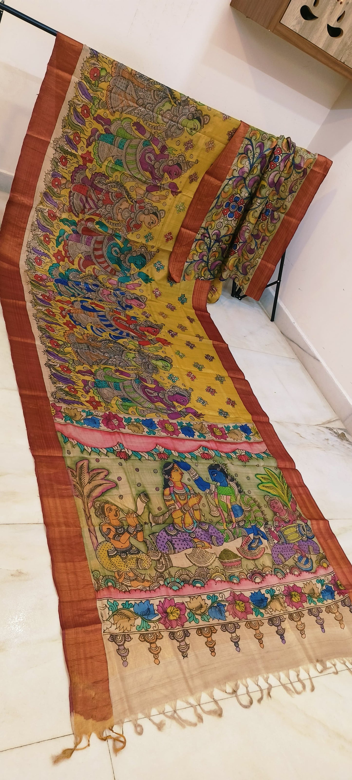 Pen kalamkari on tussar silk
pure desi tussar silk hand painted saree