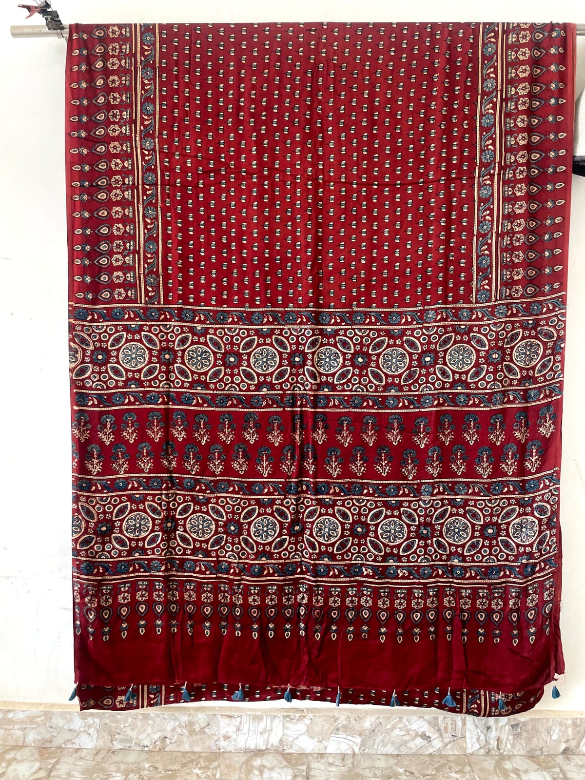 Modal sadi
Ajrakh hand block print Saree Available....