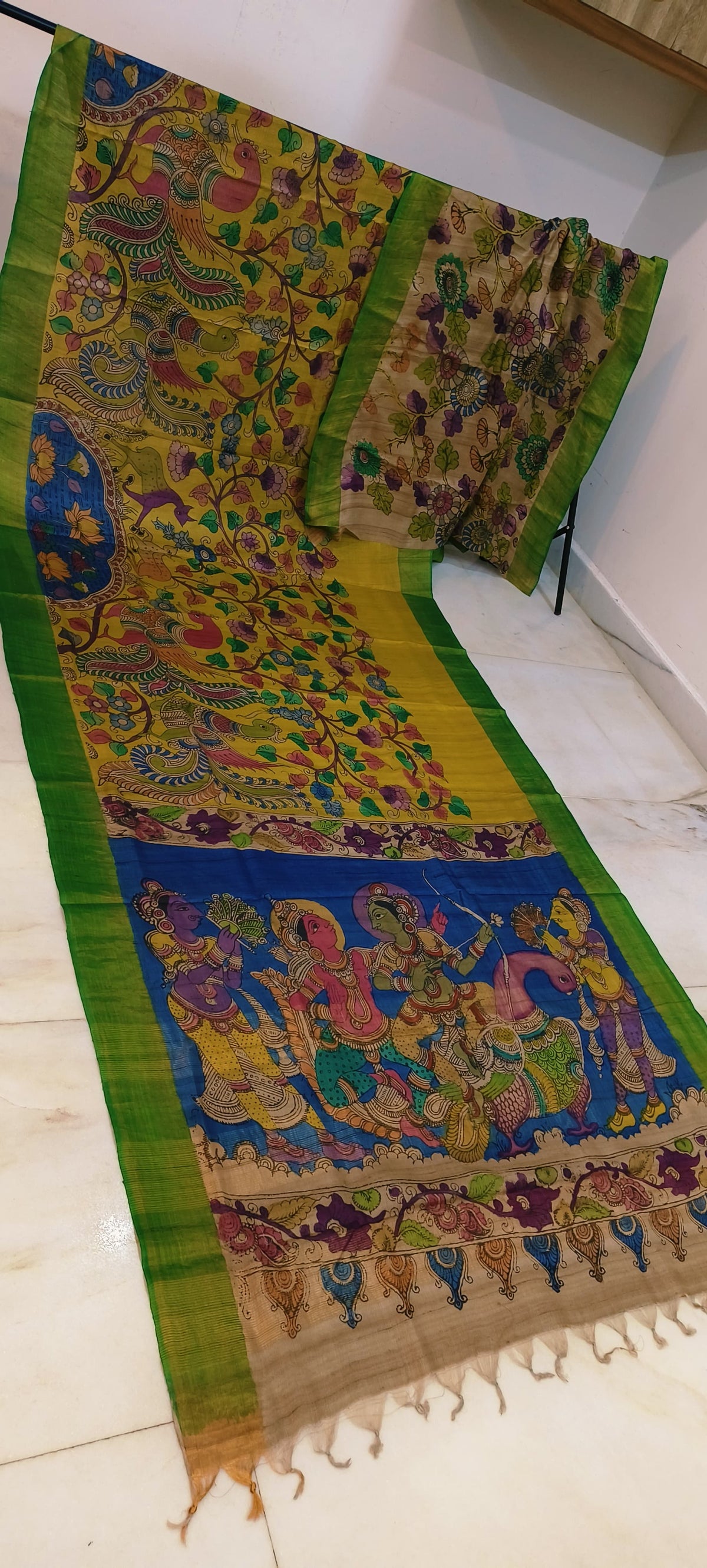 Pen kalamkari on tussar silk
pure desi tussar silk hand painted saree