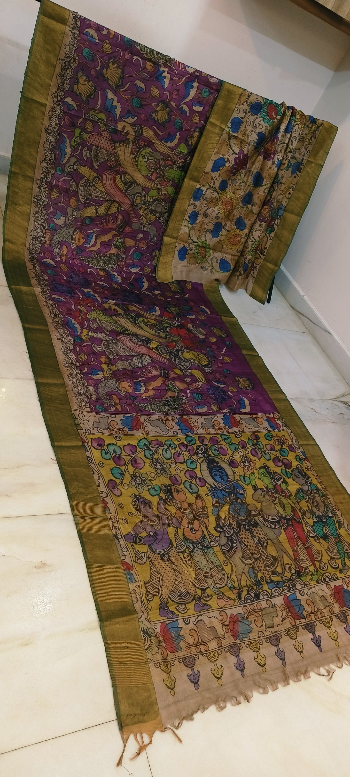 Pen kalamkari on tussar silk
pure desi tussar silk hand painted saree