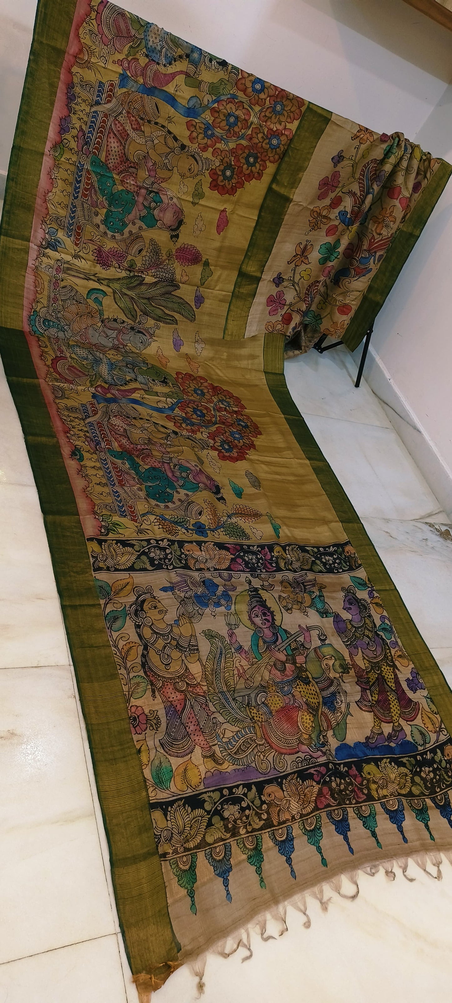 Pen kalamkari on tussar silk
pure desi tussar silk hand painted saree