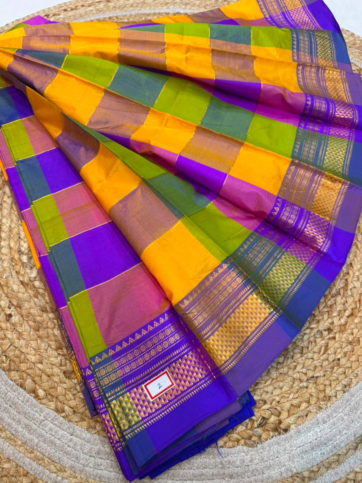 *ILKAL SAREE WITH SILK MARK*
Exclusive premium quality pure silk Multi colour checks with zari lines design ilkal saree With Fancy Temple design Jari Pallu and contrast blouse
6.10mtrs length
Premium quality ilkal saree