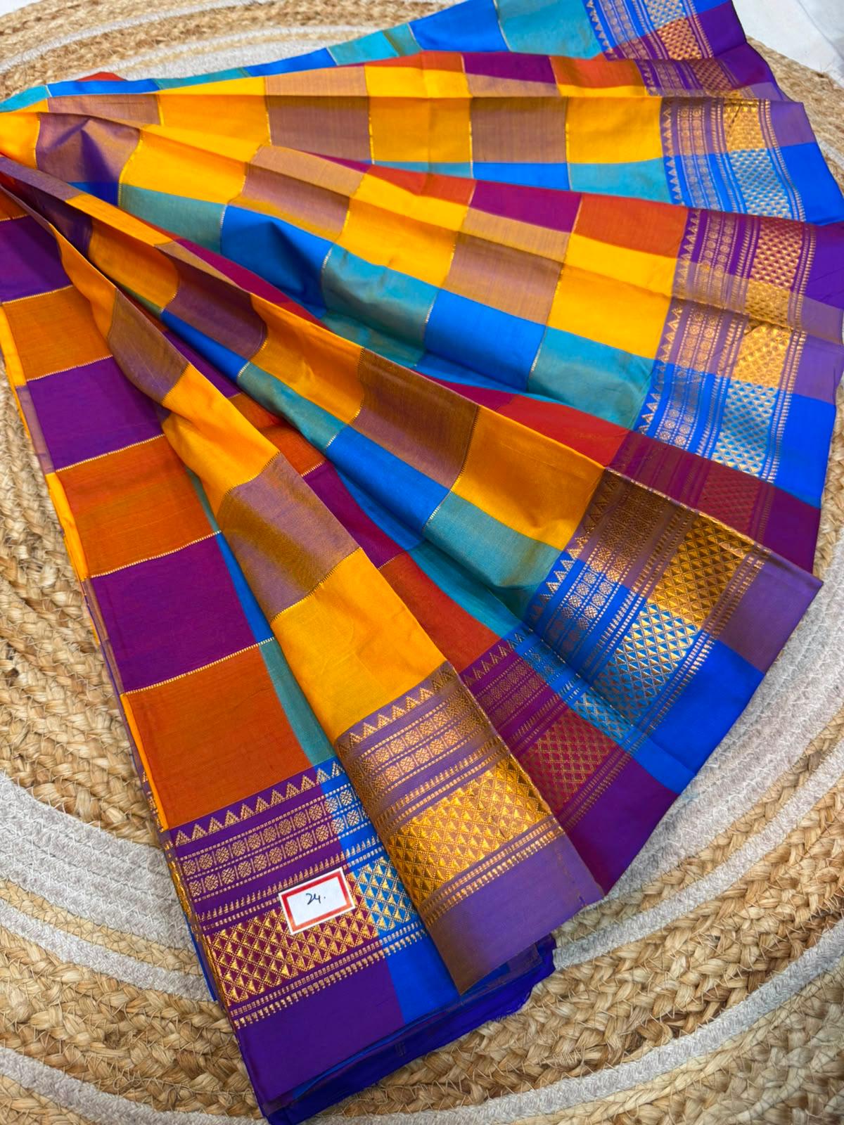 *ILKAL SAREE WITH SILK MARK*
Exclusive premium quality pure silk Multi colour checks with zari lines design ilkal saree With Fancy Temple design Jari Pallu and contrast blouse
6.10mtrs length
Premium quality ilkal saree