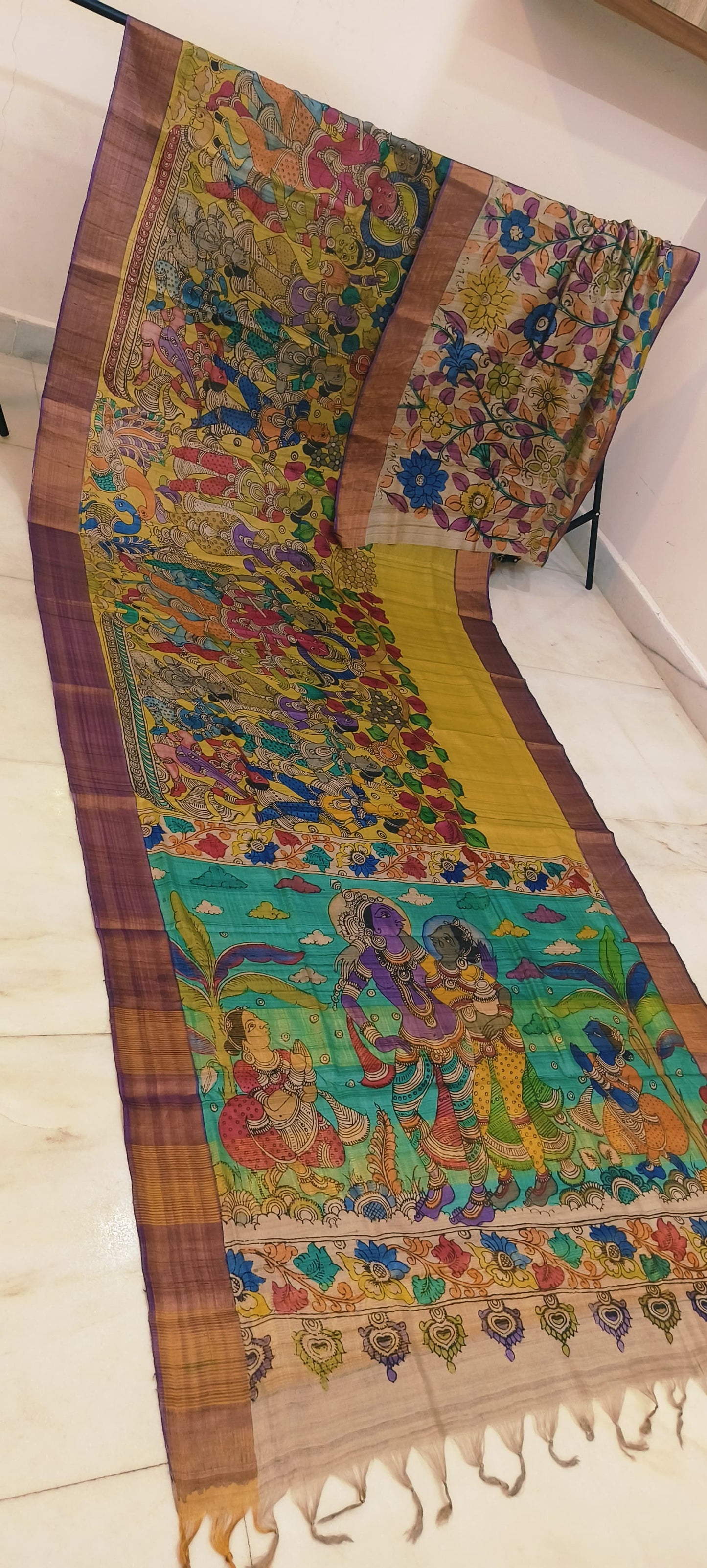 Pen kalamkari on tussar silk
pure desi tussar silk hand painted saree
