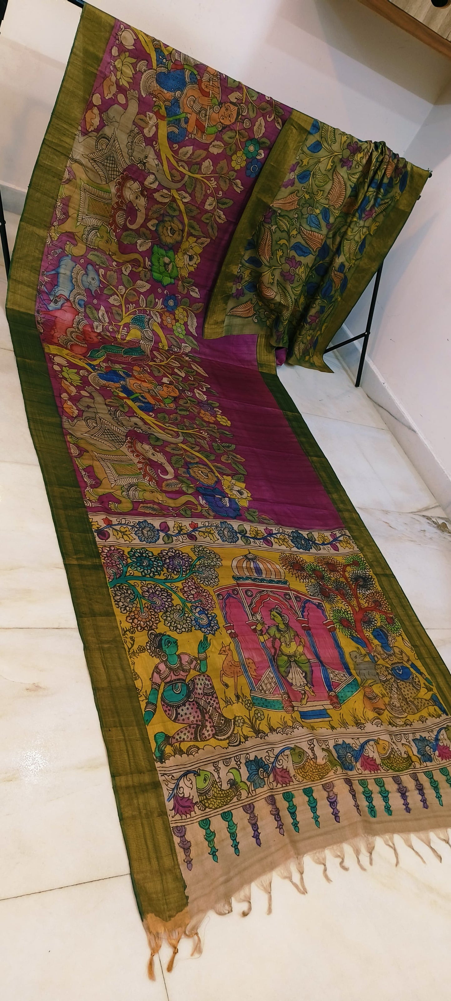 Pen kalamkari on tussar silk
pure desi tussar silk hand painted saree