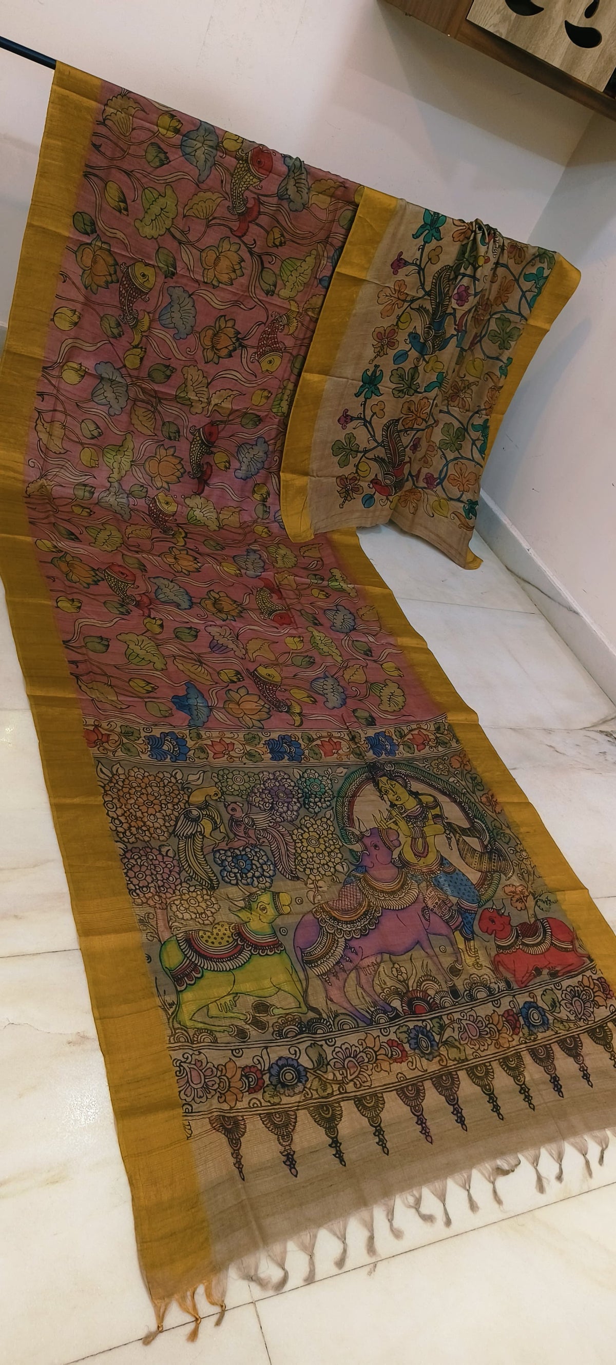 Pen kalamkari on tussar silk
pure desi tussar silk hand painted saree