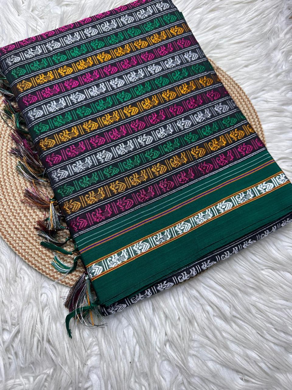 Material - viscos by cotton
Border - fancy culture border
Saree Name -Khana saree
Pallu -super tassel
Blouse -running
Handloom -no
Saree length- 5.8 to 6 mitre
These are powerloom Khana sarees with 72% cotton and 28% art cotton and rayon. All the sarees are with beautiful tassels.