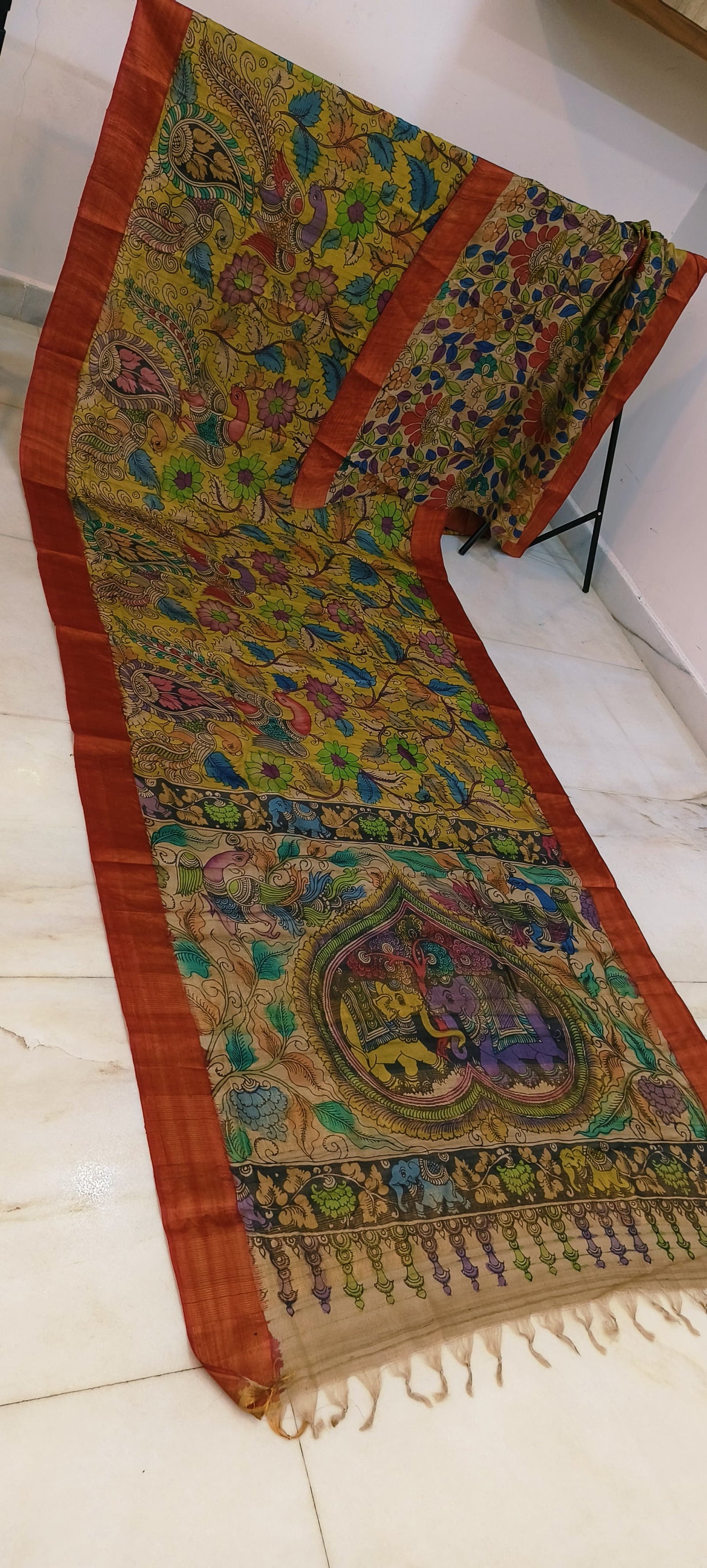 Pen kalamkari on tussar silk
pure desi tussar silk hand painted saree
