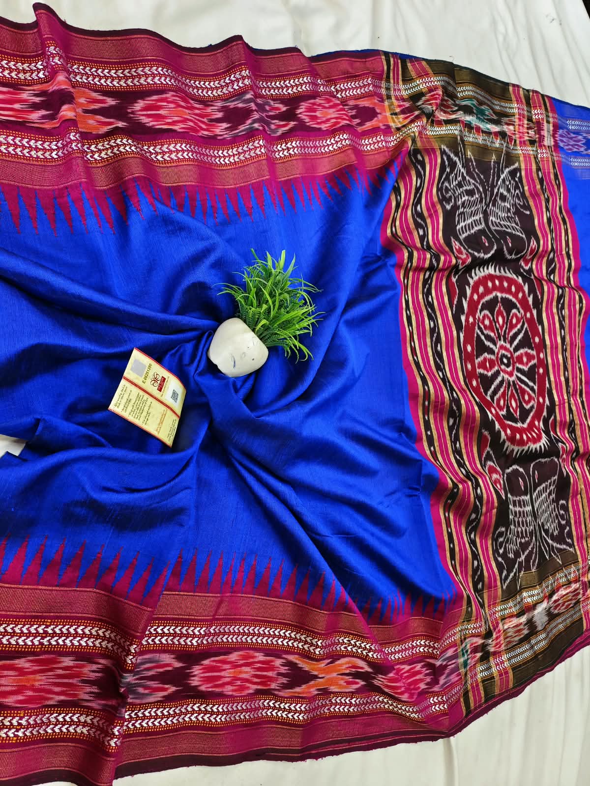 *Pure raw silk handloom Ikkat and vidarbha temple border saree with contrast blouse*
Pure raw silk saree
Silk mark certified
Handloom made
Best quality