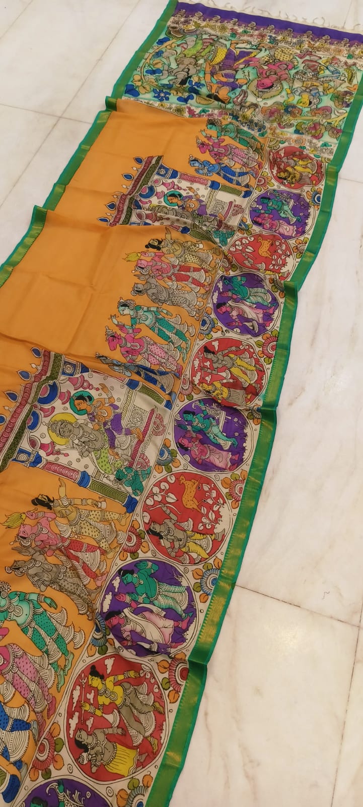 *Mangagiri silk sarees*
*Pen kalamkari sarees*
*Hand drawn hand painted sarees*
🌺🌺🌺🌺🌺🌺🌺
*Length 6.5 mtr*
*Width 44 inch*