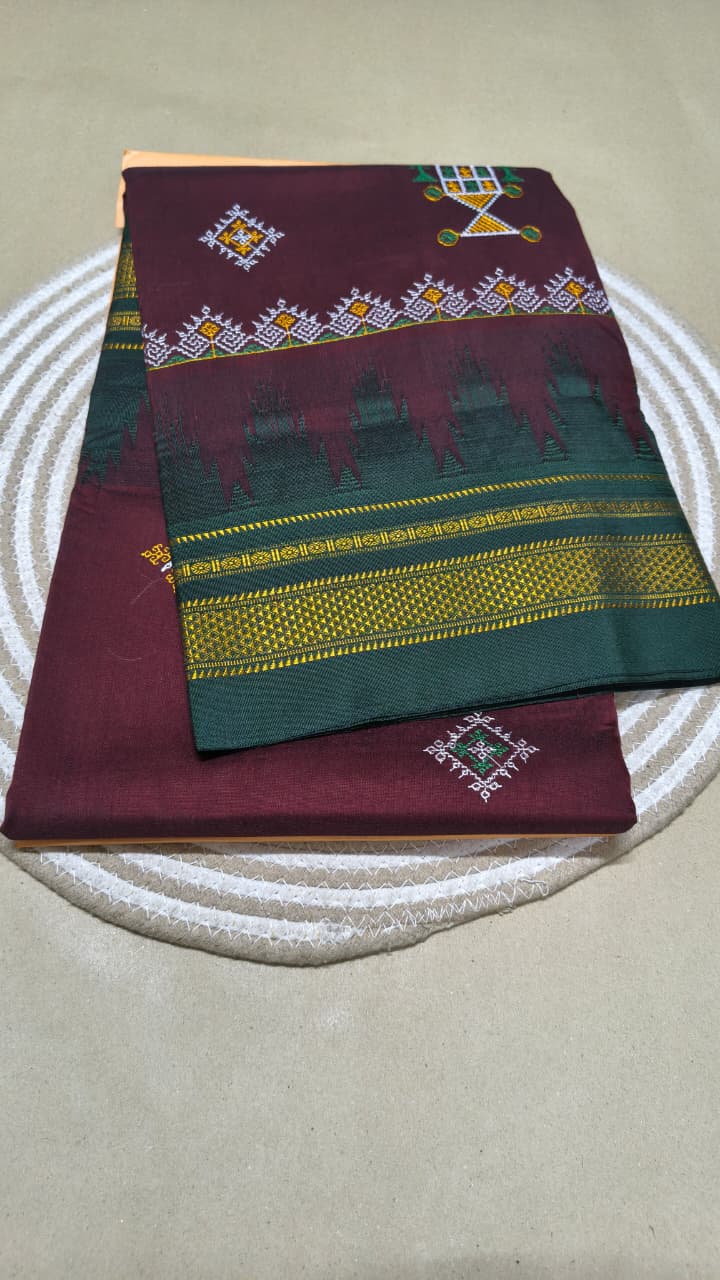 Material - Maserised cotton
Border - Temple border, Chikki Paras
Saree Name -kasuti saree
Pallu -Ilkal pallu top
Blouse -contrast
Saree length- 6.20