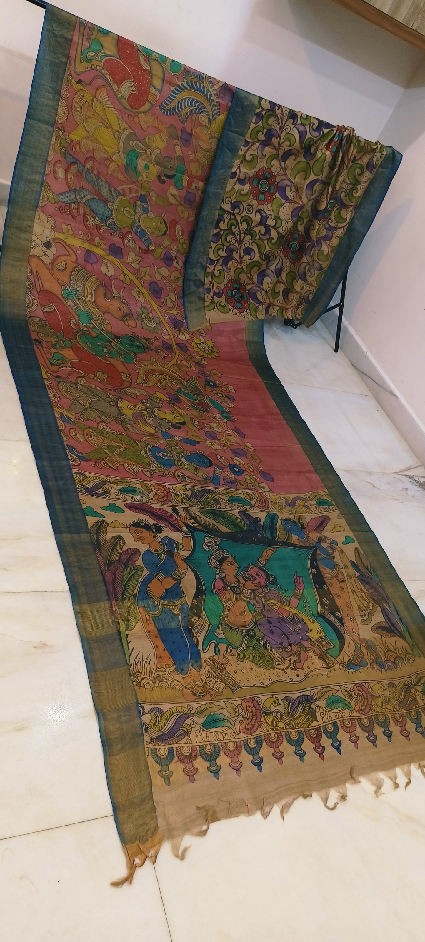 Pen kalamkari on tussar silk
pure desi tussar silk hand painted saree