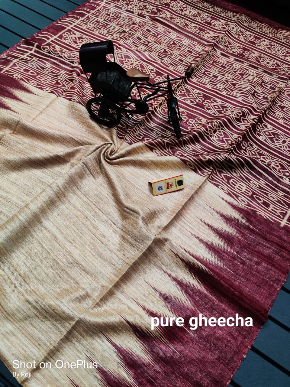 Pure tussar ghicha temple border ikkat print silk handloom saree with blouse pc.
Silk mark tag