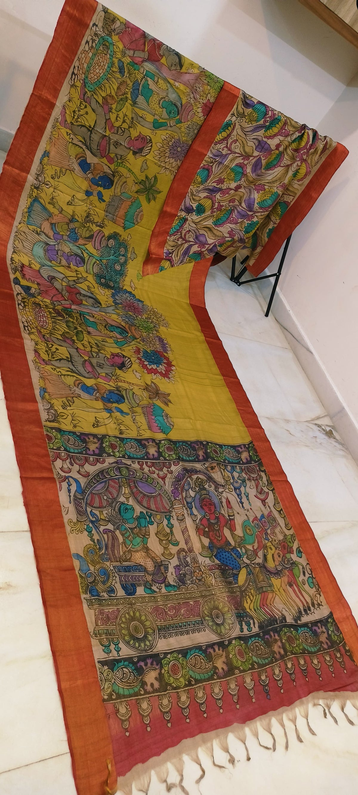 Pen kalamkari on tussar silk
pure desi tussar silk hand painted saree