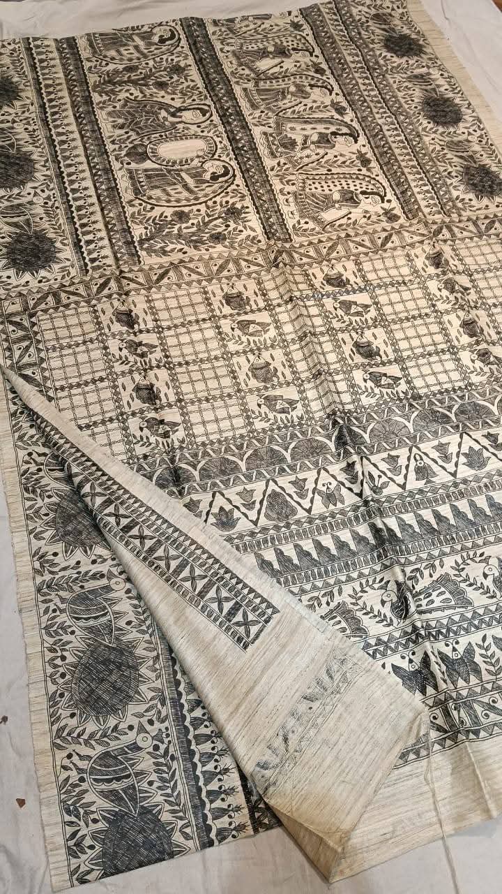 Fabric..Tussar by Ghicha with Beautiful All over Madhubani Hand paintingsilk sarees..
Premium quality and Fast delivery
Length 6.50 meter..Quality will be pure Handloom silk sarees..