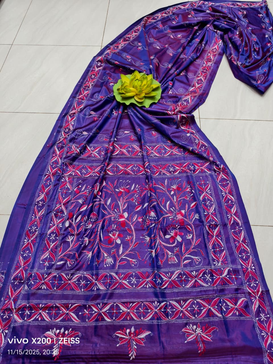 Kairaini | Blended silk saree with Kantha Embroidery