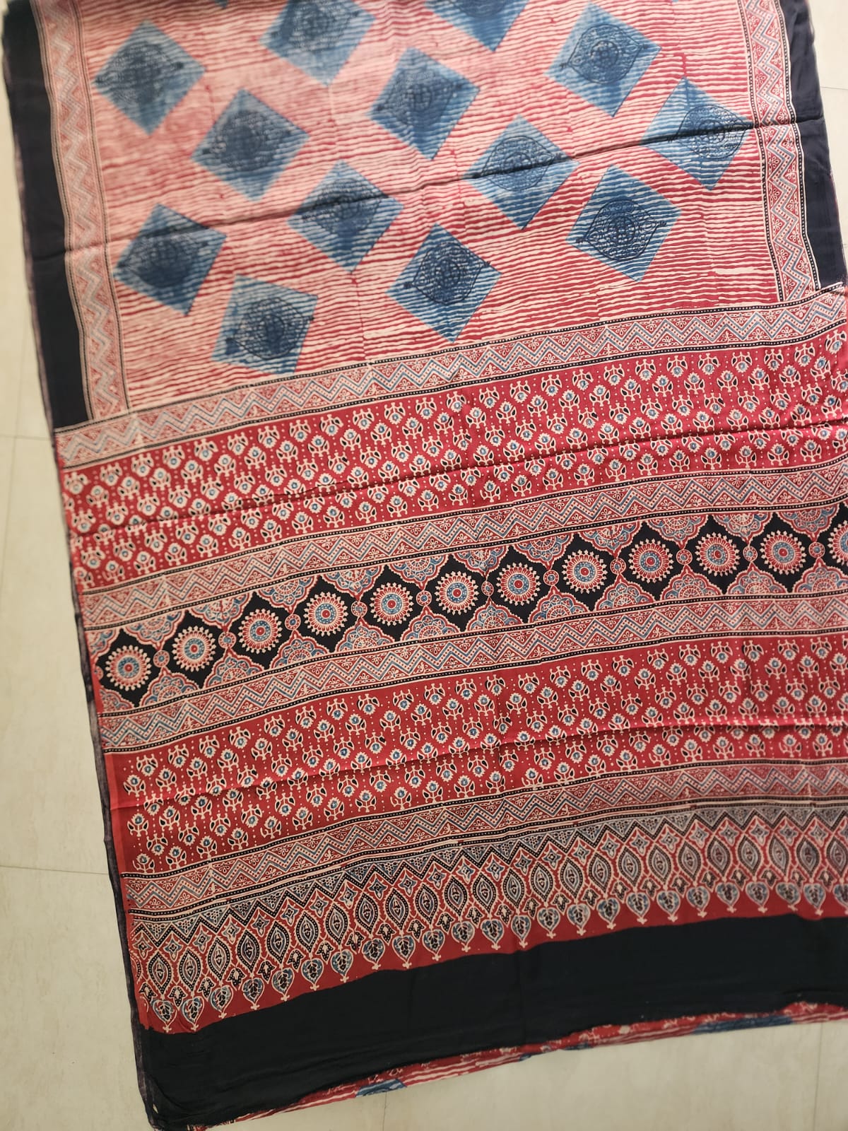 Modal sadi
Ajrakh hand block print Saree Available....