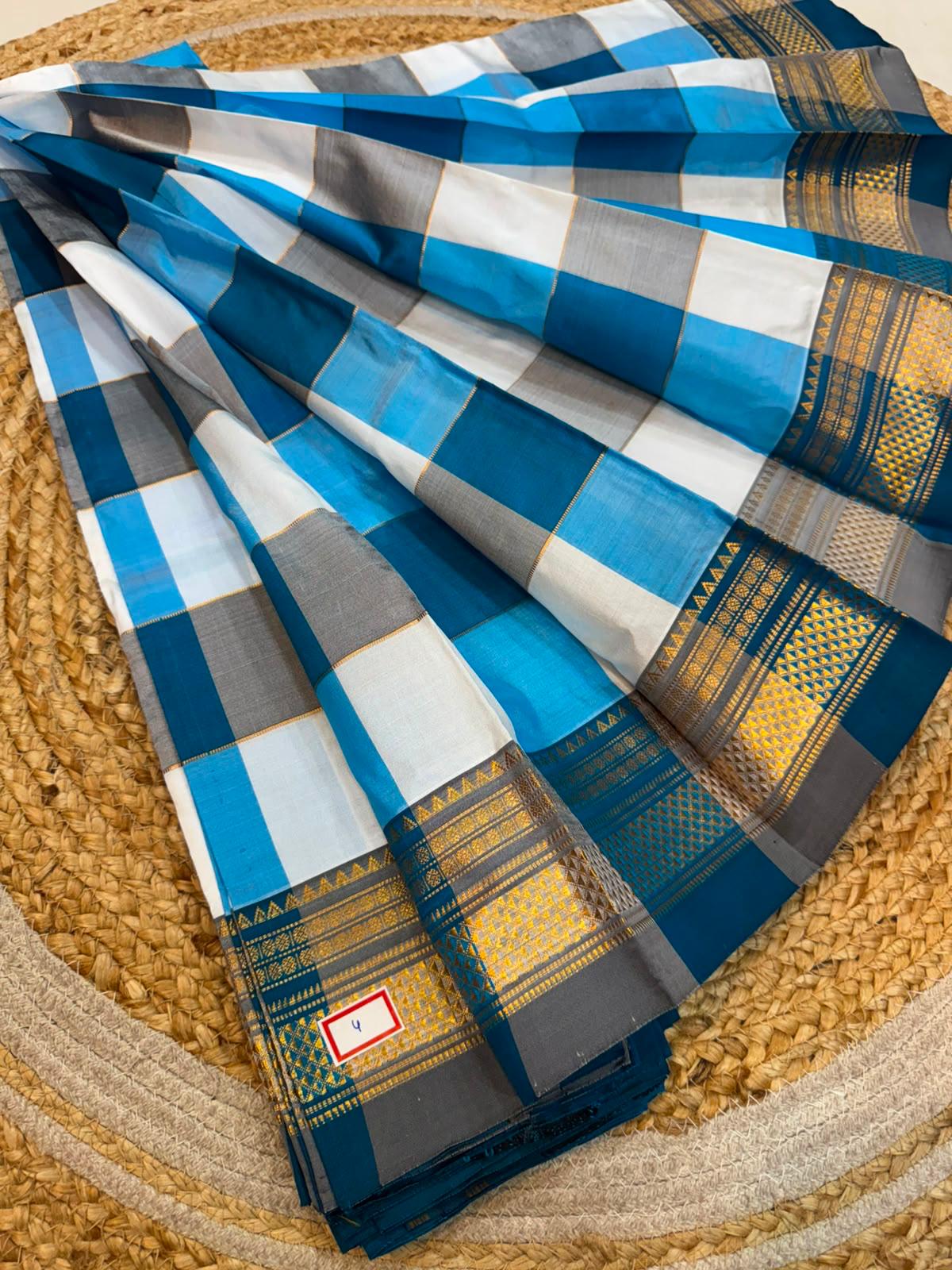 *ILKAL SAREE WITH SILK MARK*
Exclusive premium quality pure silk Multi colour checks with zari lines design ilkal saree With Fancy Temple design Jari Pallu and contrast blouse
6.10mtrs length
Premium quality ilkal saree