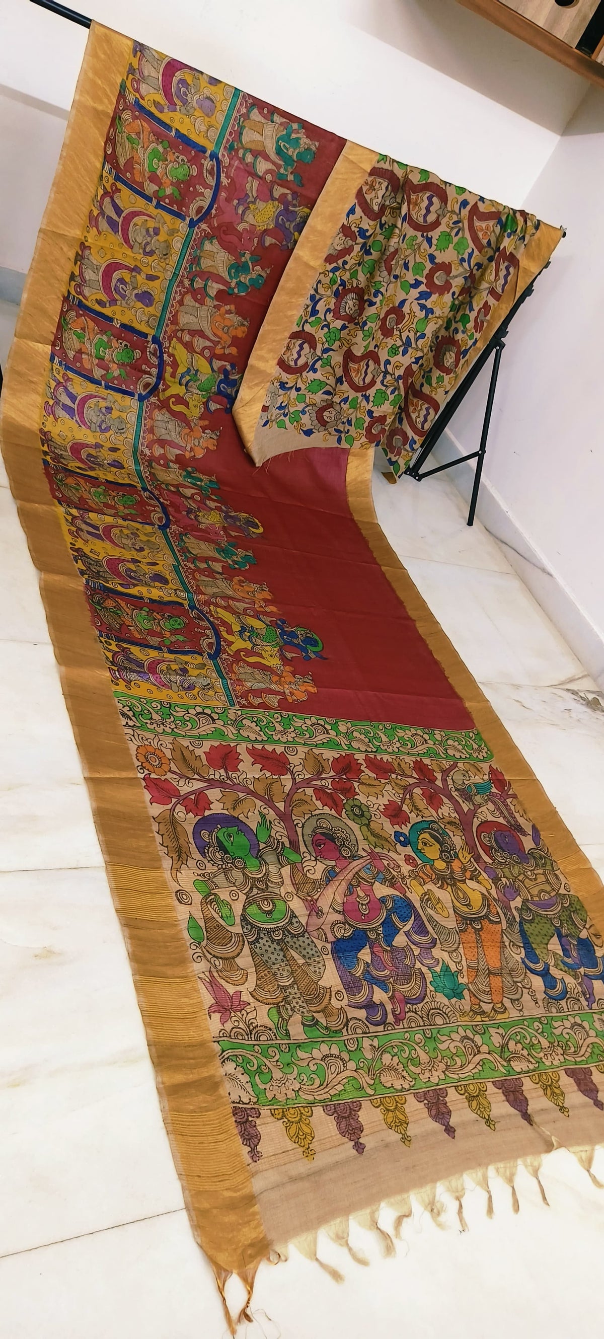 Pen kalamkari on tussar silk
pure desi tussar silk hand painted saree