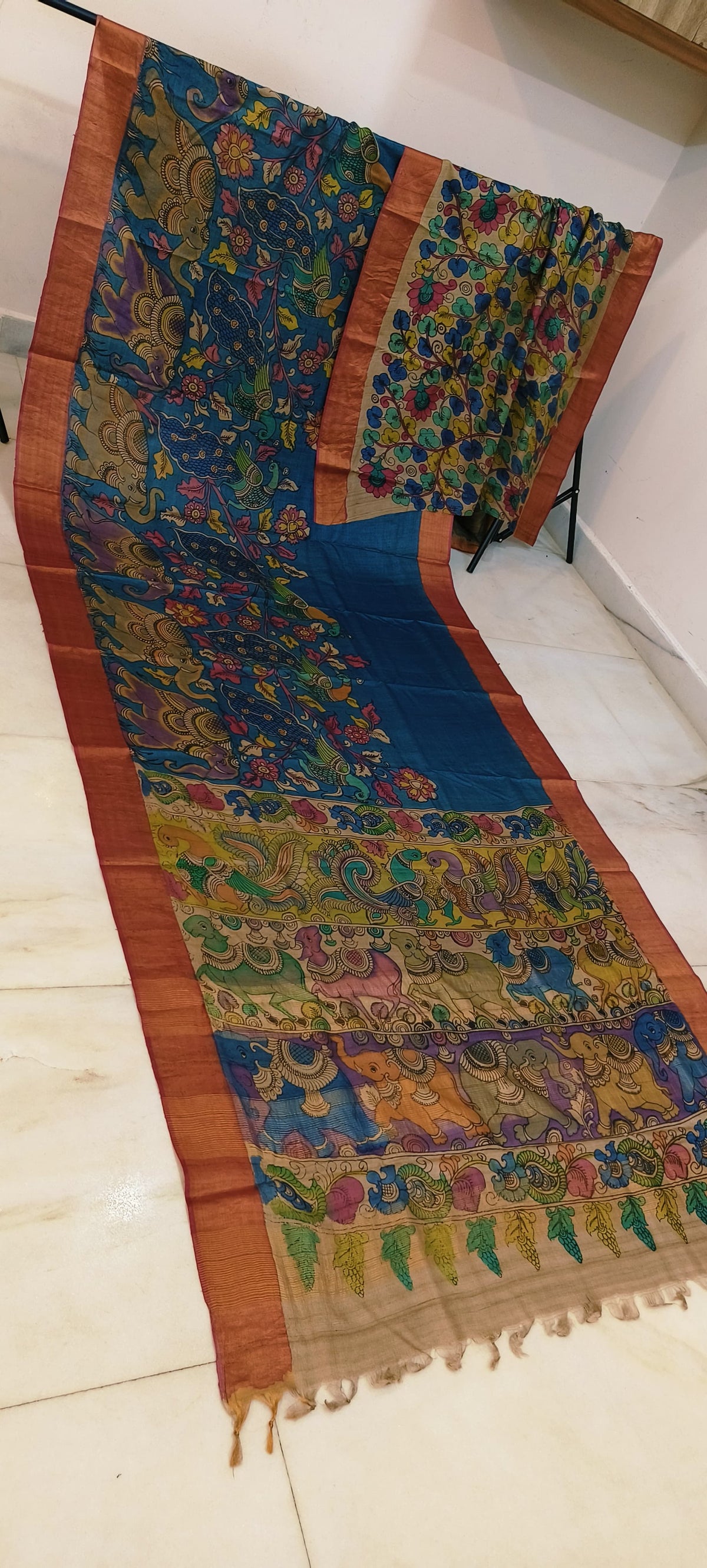 Pen kalamkari on tussar silk
pure desi tussar silk hand painted saree
