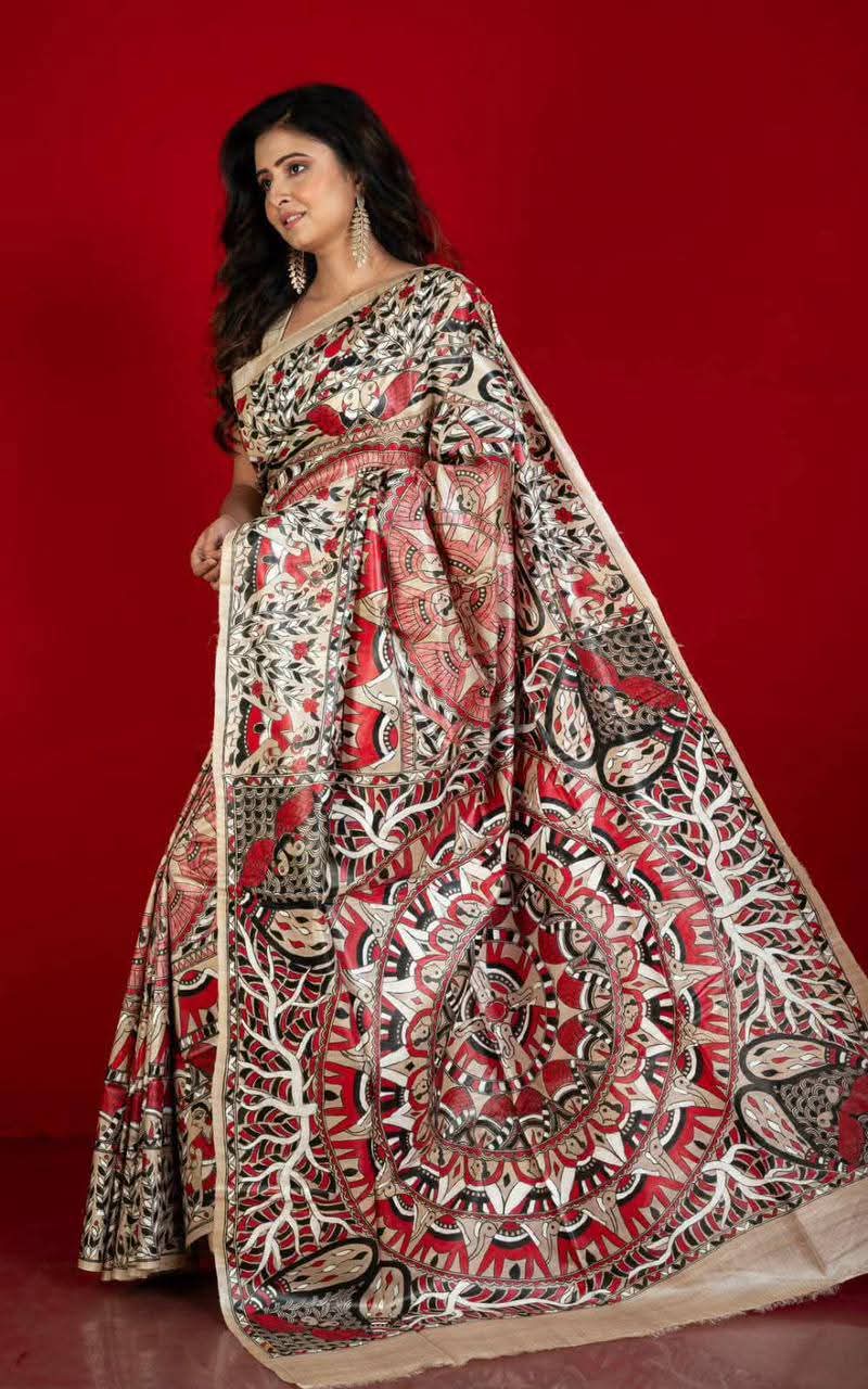 Fabric..Tussar by Ghicha with Beautiful All over Madhubani Hand paintingsilk sarees..
Premium quality and Fast delivery
Length 6.50 meter..Quality will be pure Handloom silk sarees..