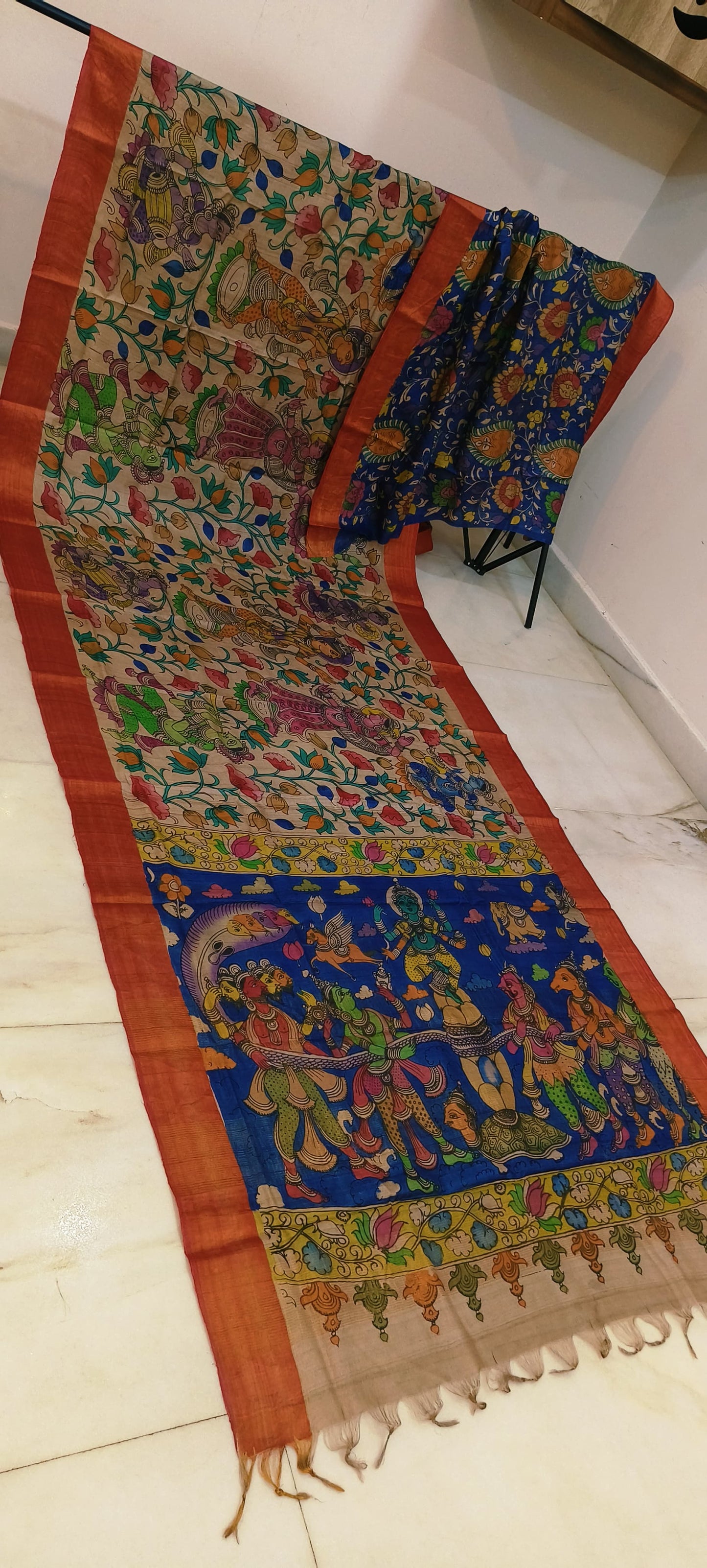 Pen kalamkari on tussar silk
pure desi tussar silk hand painted saree