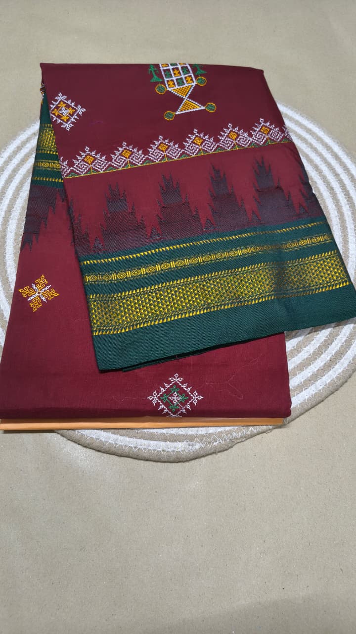 Material - Maserised cotton
Border - Temple border, Chikki Paras
Saree Name -kasuti saree
Pallu -Ilkal pallu top
Blouse -contrast
Saree length- 6.20