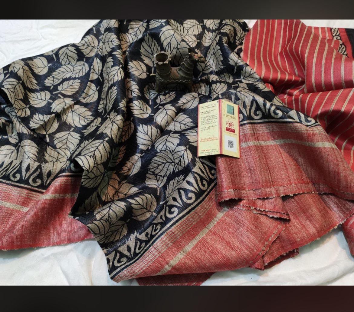 Screen print on gheecha tussar saree with silk mark