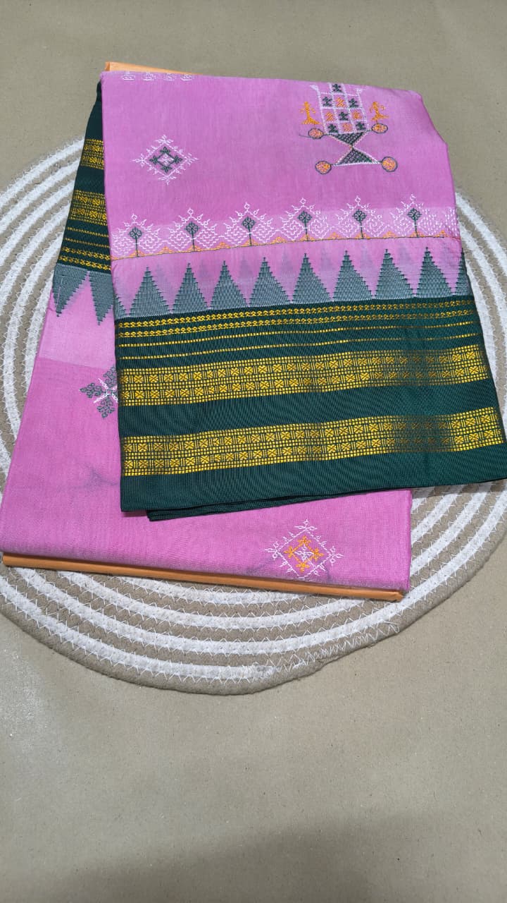 Material - Maserised cotton
Border - Temple border, Chikki Paras
Saree Name -kasuti saree
Pallu -Ilkal pallu top
Blouse -contrast
Saree length- 6.20