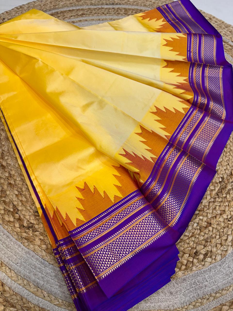 *Big Temple Border Ilkal*
Exclusive silk ilkal saree
Pure silk big temple border design superior quality ilkal saree
With contrast blouse
6.10mtrs length
Full body pure silk Border, pallu & blouse semi silk