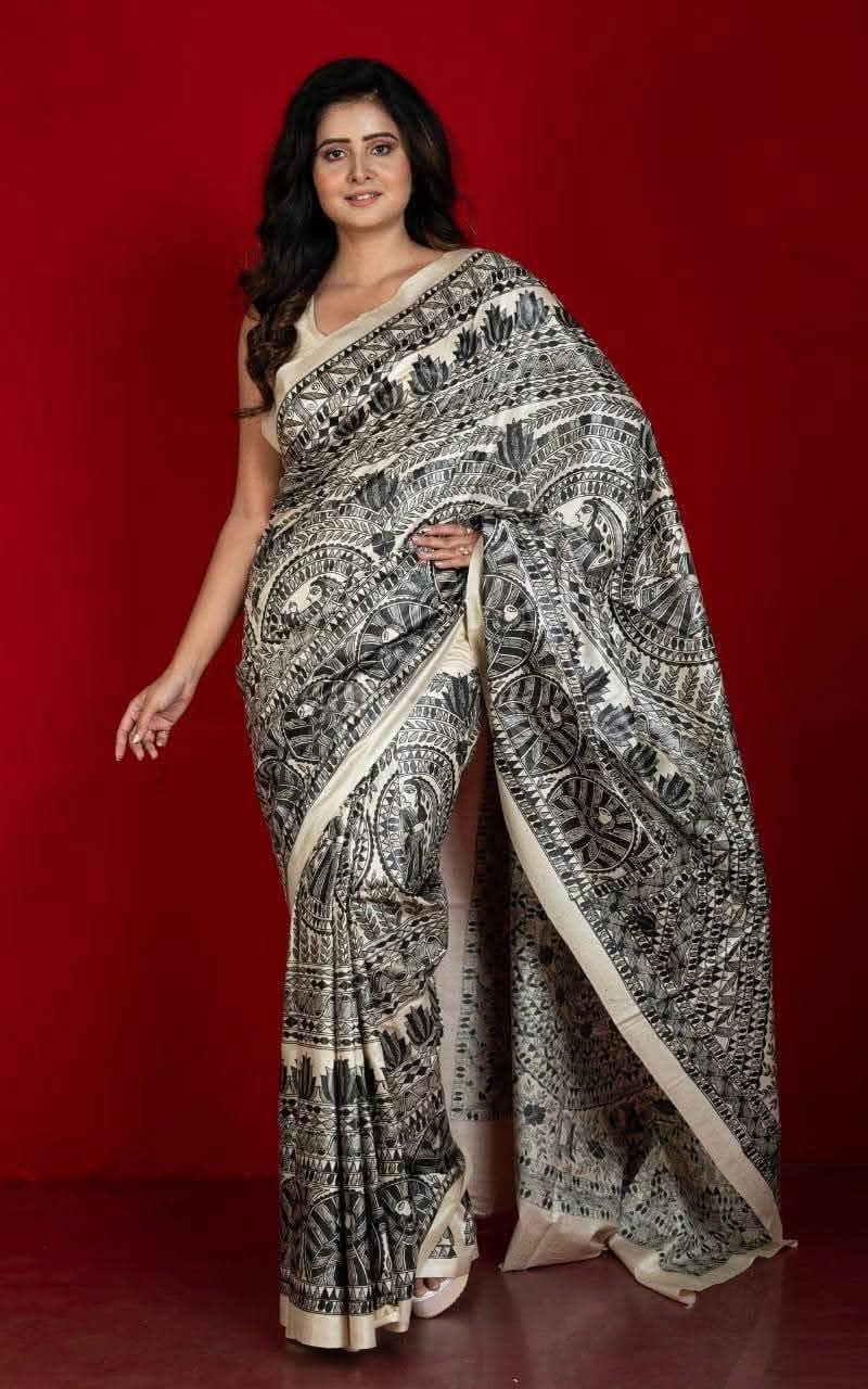 Fabric..Tussar by Ghicha with Beautiful All over Madhubani Hand paintingsilk sarees..
Premium quality and Fast delivery
Length 6.50 meter..Quality will be pure Handloom silk sarees..