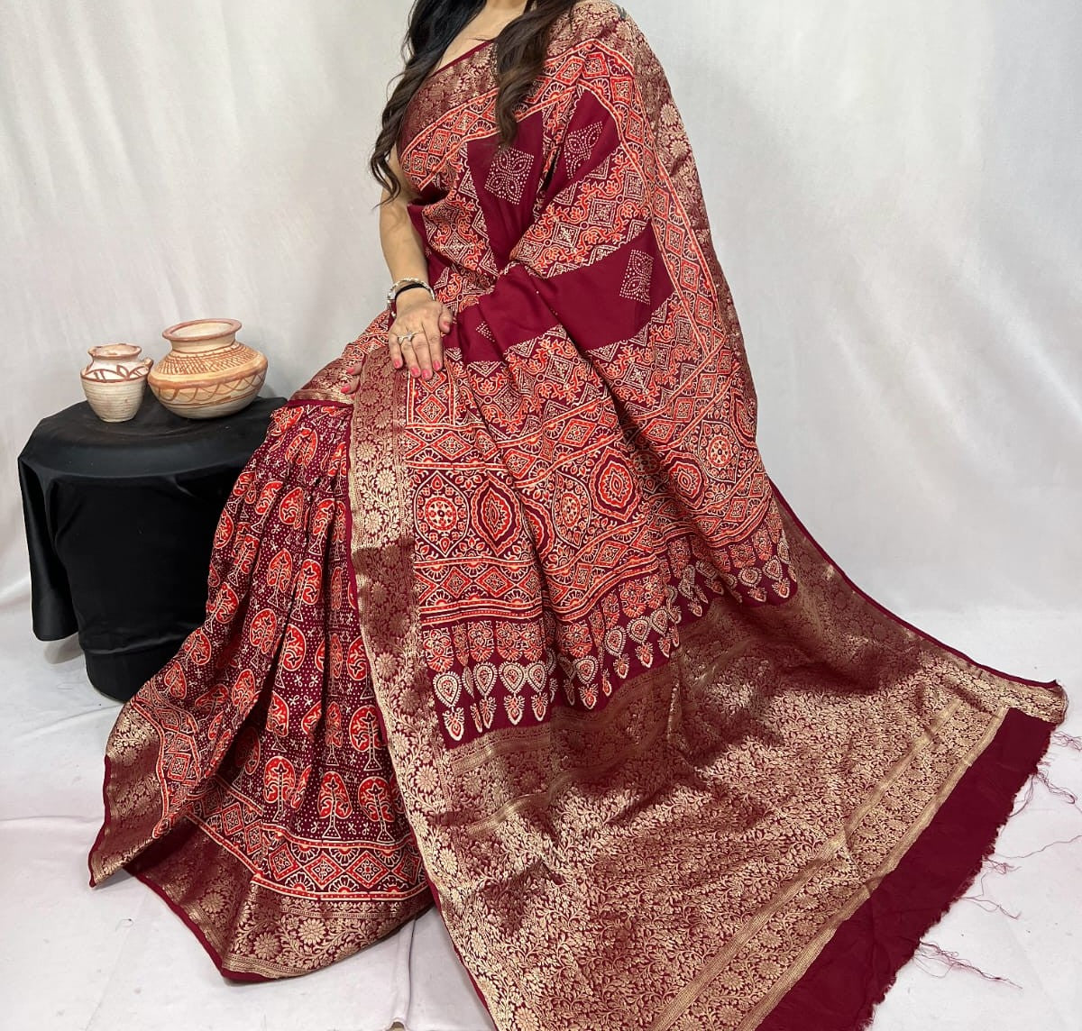 Doshrita | Ajrakh Saree on Dola Silk