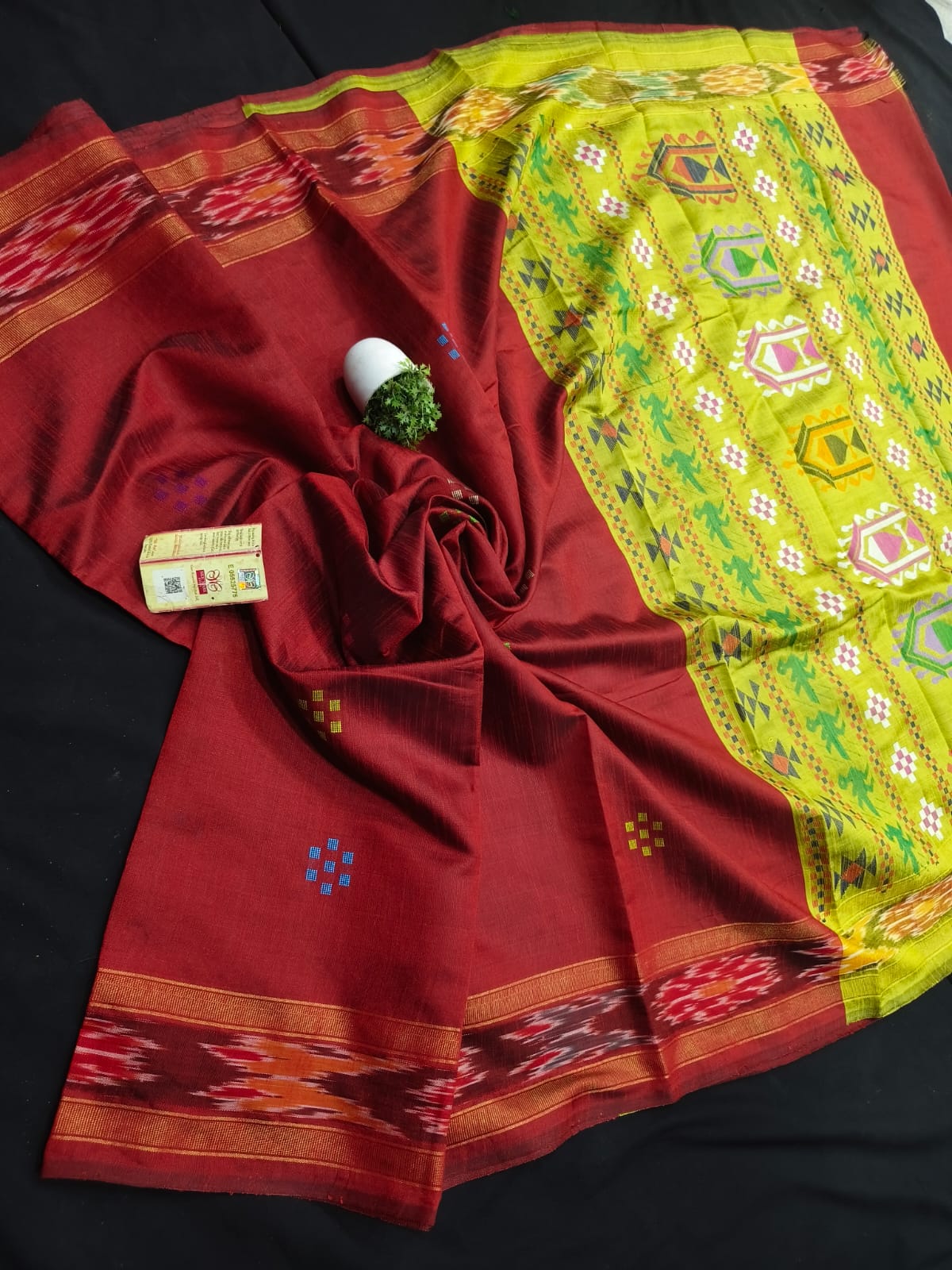 pure raw silk zari ikkat border body buta design saree dolavedy contrast pallu with contrast blouse saree*
raw silk saree
silk mark certified
handloom weaved