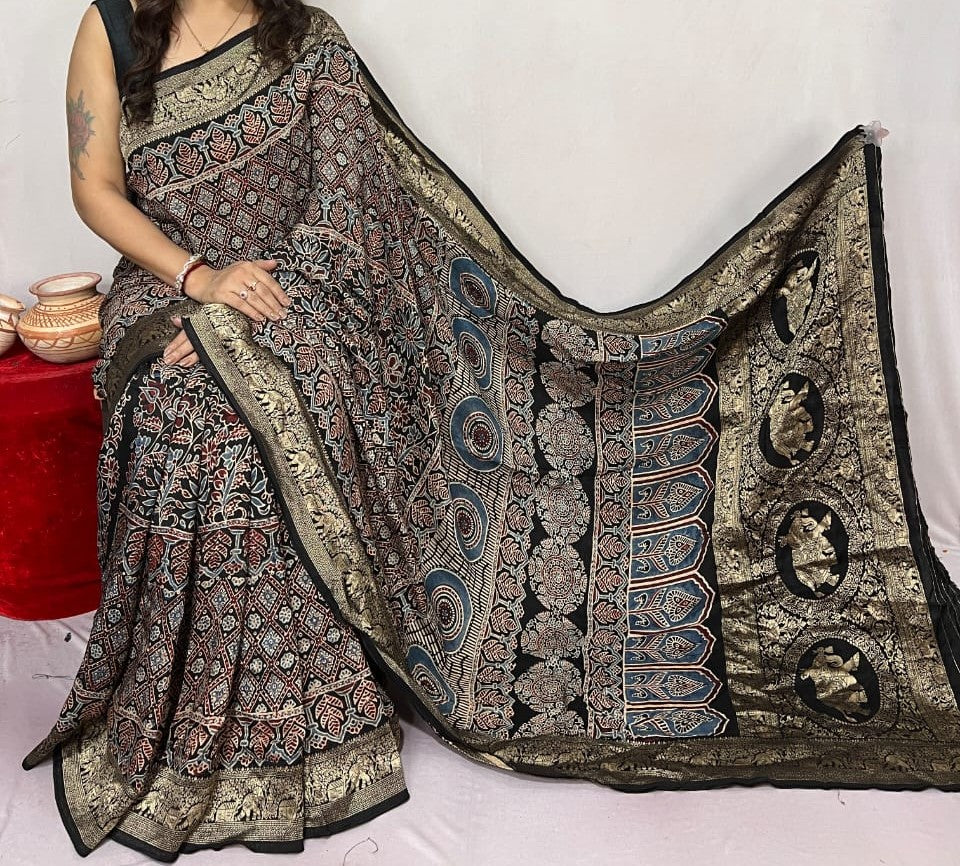 Doyara | Ajrakh Saree on Dola Silk