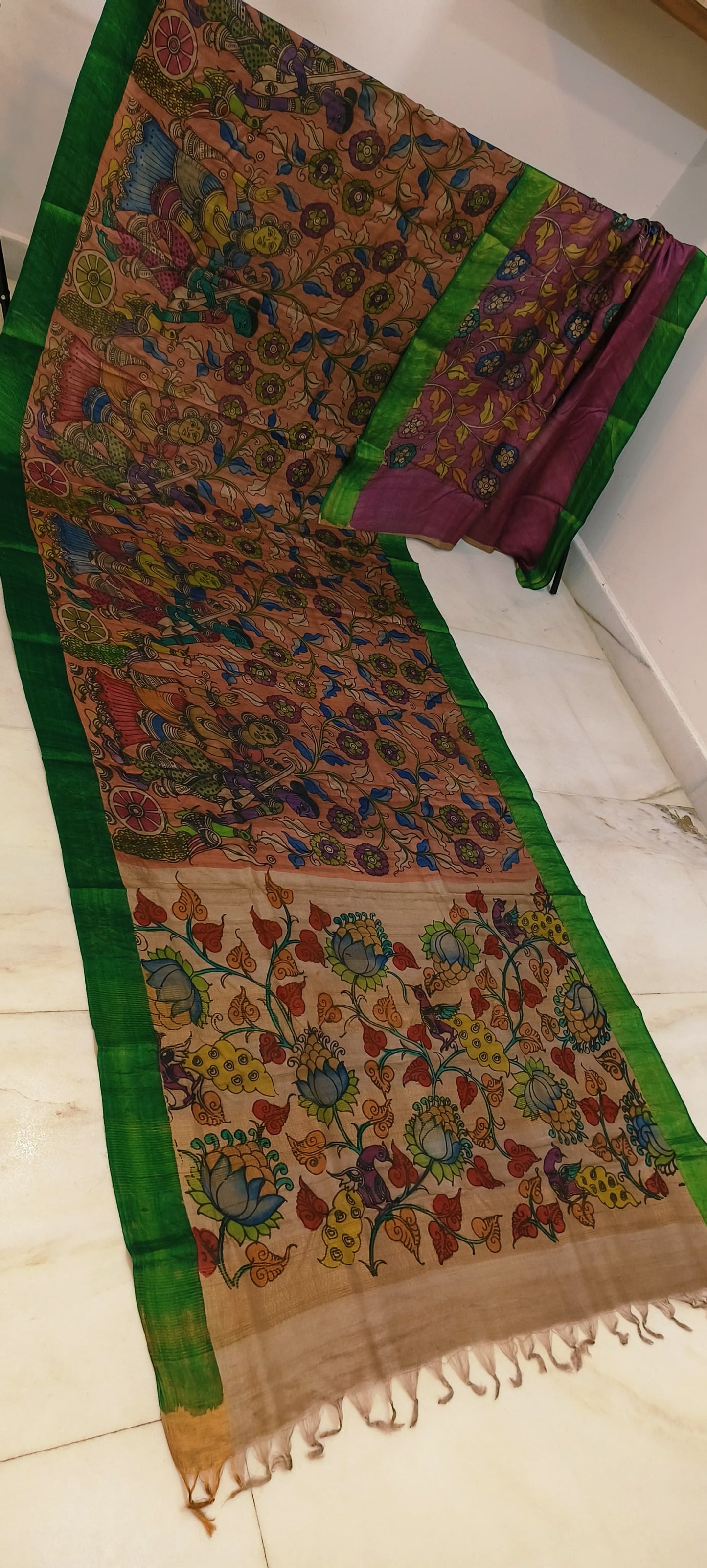 Pen kalamkari on tussar silk
pure desi tussar silk hand painted saree