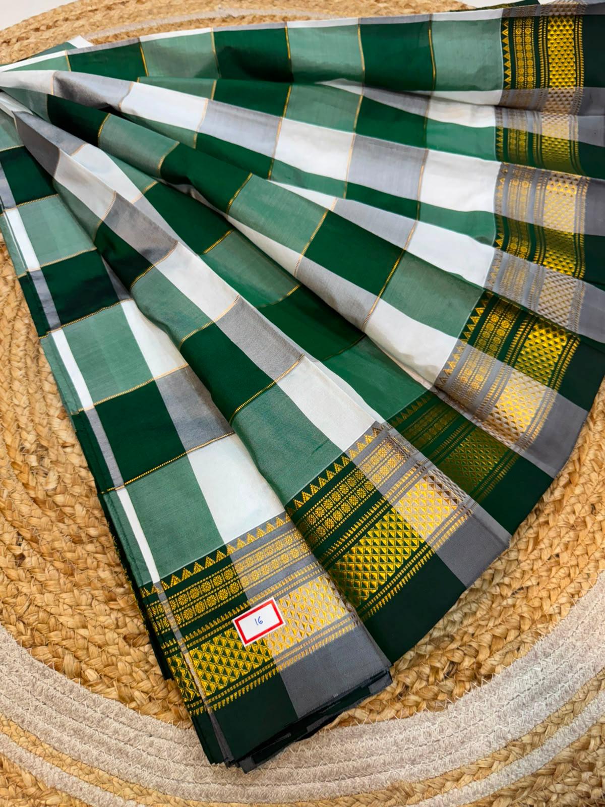 *ILKAL SAREE WITH SILK MARK*
Exclusive premium quality pure silk Multi colour checks with zari lines design ilkal saree With Fancy Temple design Jari Pallu and contrast blouse
6.10mtrs length
Premium quality ilkal saree