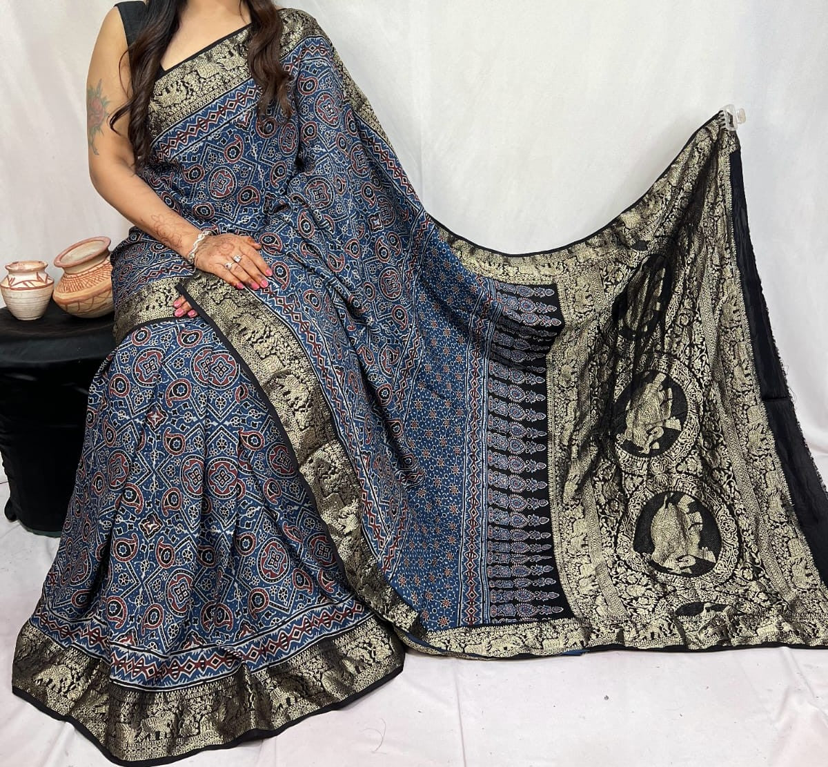 Donutha | Ajrakh Saree on Dola Silk