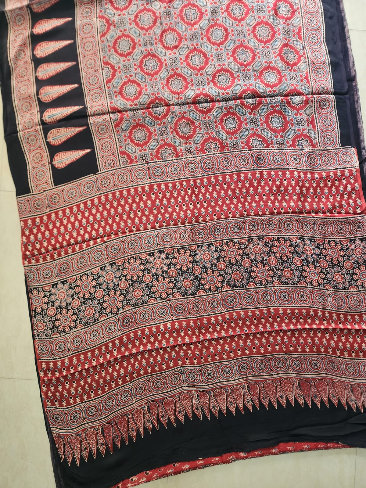 Modal sadi
Ajrakh hand block print Saree Available....