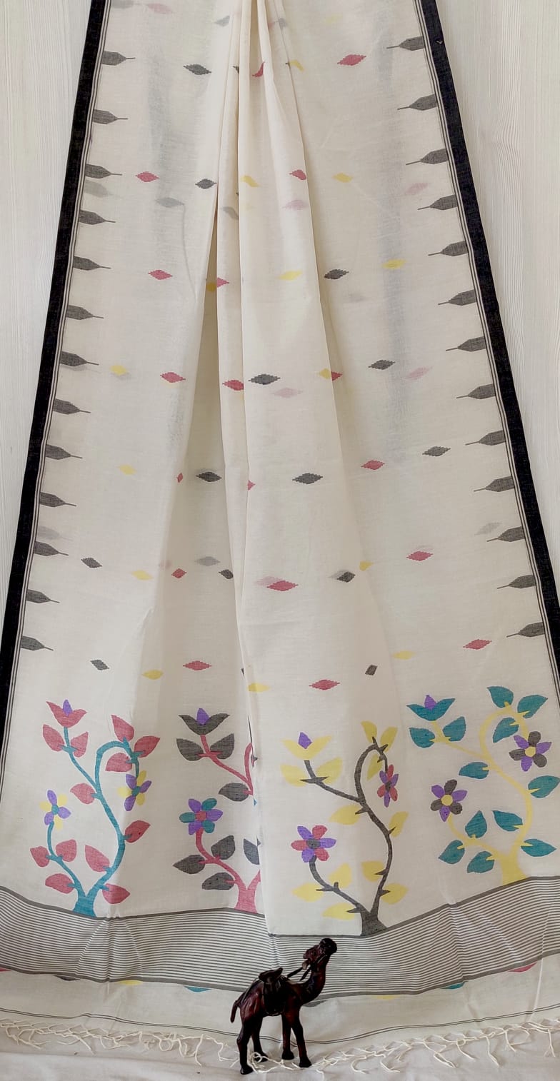 Very exclusive,Beautiful 100 Count pure
Cotton by Cotton Hand Spoon jamdani
with temple border with very
elegant jamdani motif pallu
Without bp