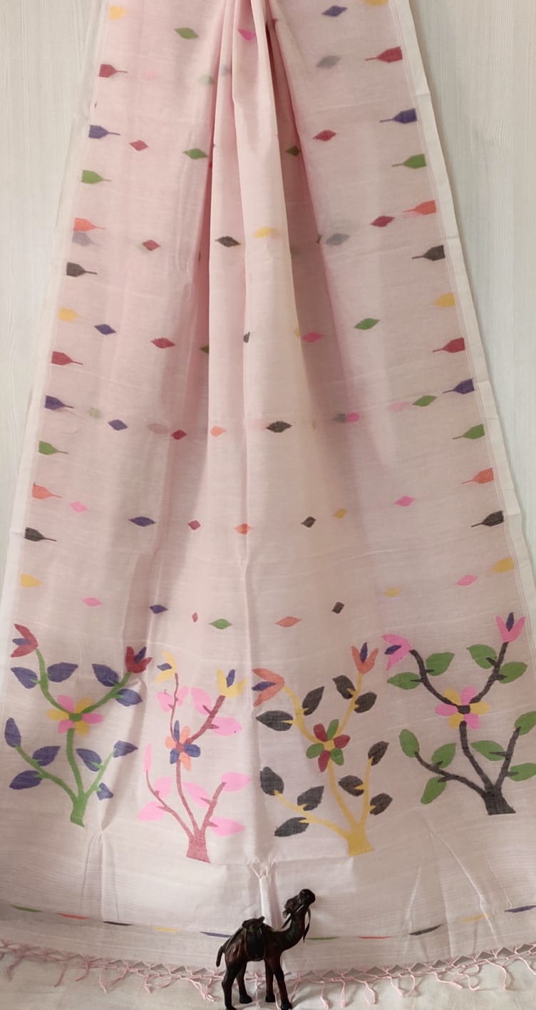 Very exclusive,Beautiful 100 Count pure
Cotton by Cotton Hand Spoon jamdani
with temple border with very
elegant jamdani motif pallu
Without bp